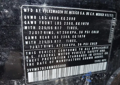 2022 Volkswagen Taos 1.5T S z USA, uszkodzony, nr VIN 3VVMX7B24NM055898